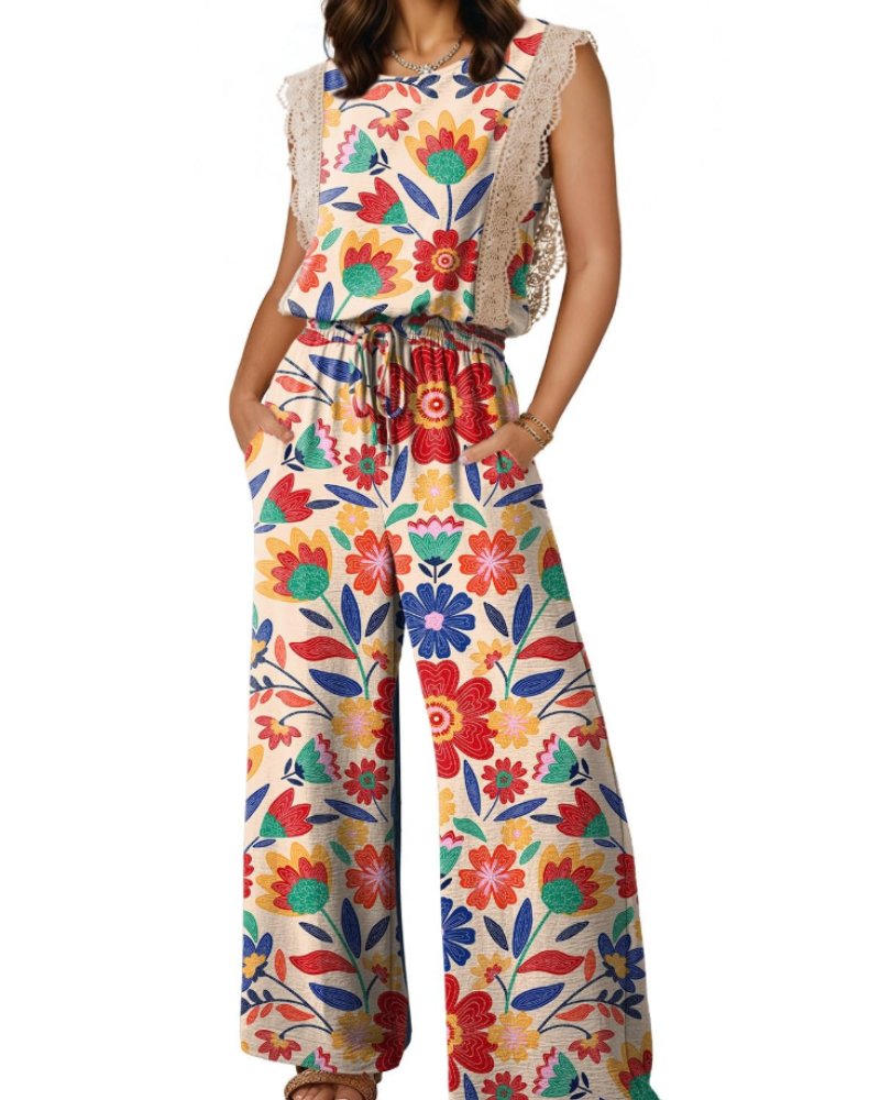 Eleanor Tuta Donna Estate – Pizzo Maniche Corte & Pantaloni Larghi