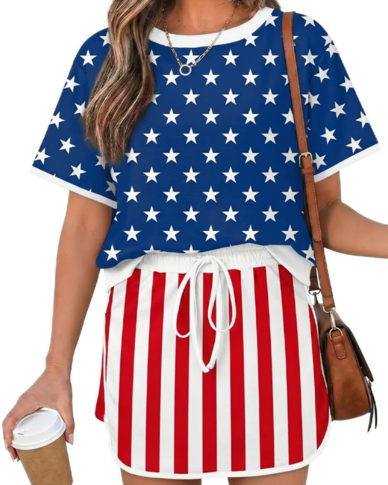 Isla Ensemble Femme Été – T-Shirt Color Block & Jupe-Short Taille Haute
