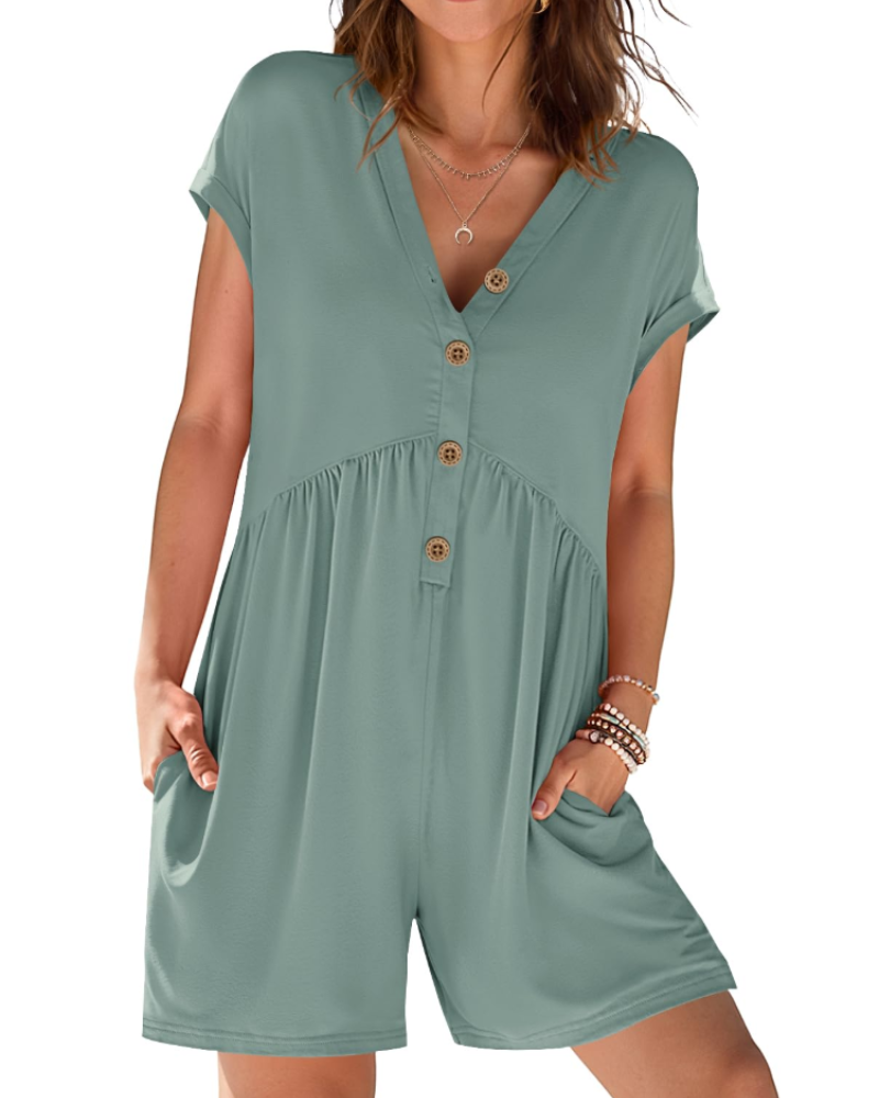Mono corto Audrey para mujer verano – Cuello en V con botones y cintura elástica con bolsillos