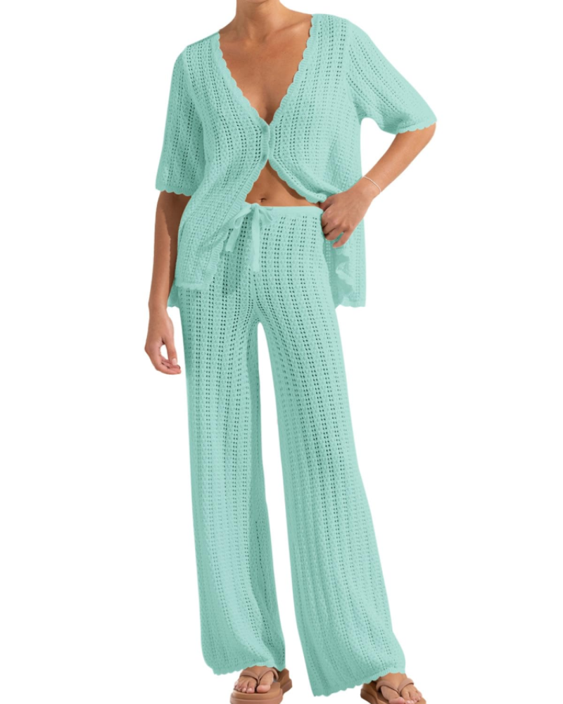 Conjunto de Praia Sally para Mulher – Kimono de Croché e Calças Largas Leves