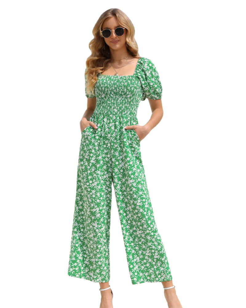 Salopetă de vară pentru femei Jasmine – cu imprimeu floral, cu smocuri și pantaloni largi