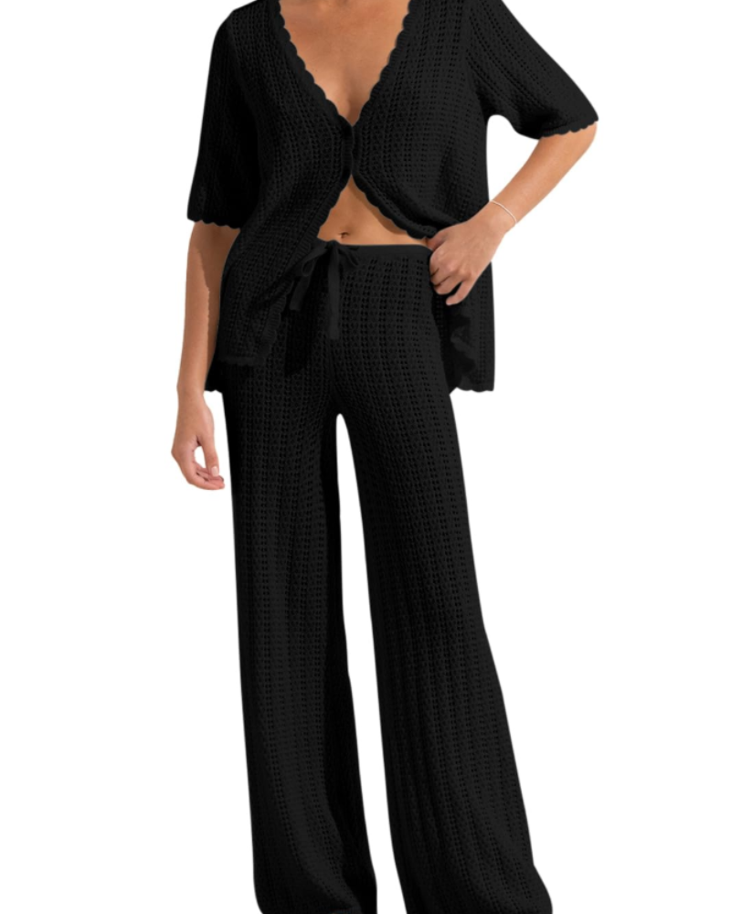 Conjunto de Praia Sally para Mulher – Kimono de Croché e Calças Largas Leves