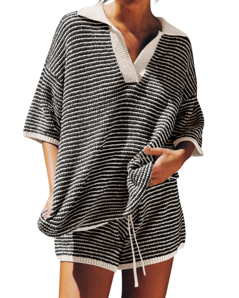 Chloe Women's Lounge Set – Oversized V-Neck Sweater & High-Waisted Shorts