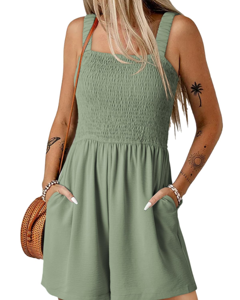 Savannah Combishort Femme Été – Smockée Col Carré avec Poches