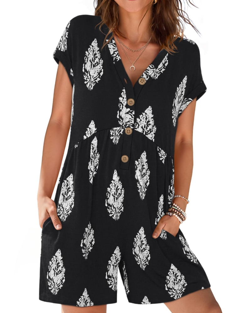 Mono corto Audrey para mujer verano – Cuello en V con botones y cintura elástica con bolsillos