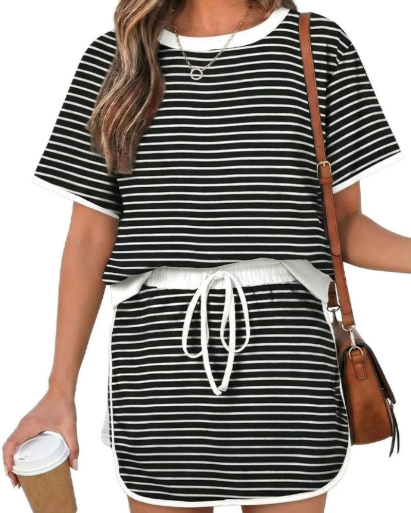 Isla Ensemble Femme Été – T-Shirt Color Block & Jupe-Short Taille Haute
