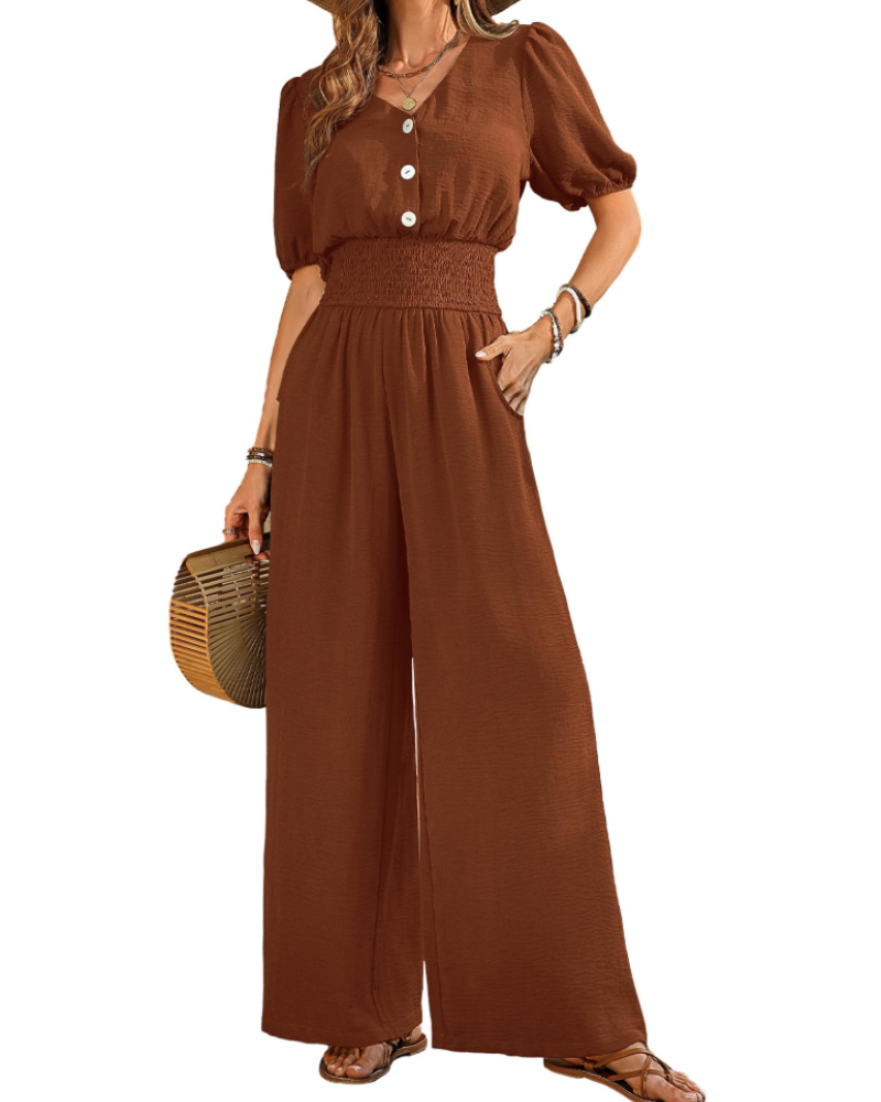 Stella Macacão Feminino de Verão – Decote em V com Botões & Calças Largas com Bolsos