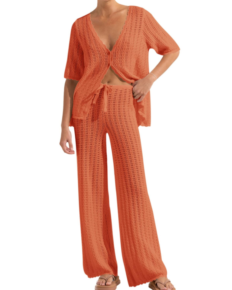 Conjunto de Praia Sally para Mulher – Kimono de Croché e Calças Largas Leves