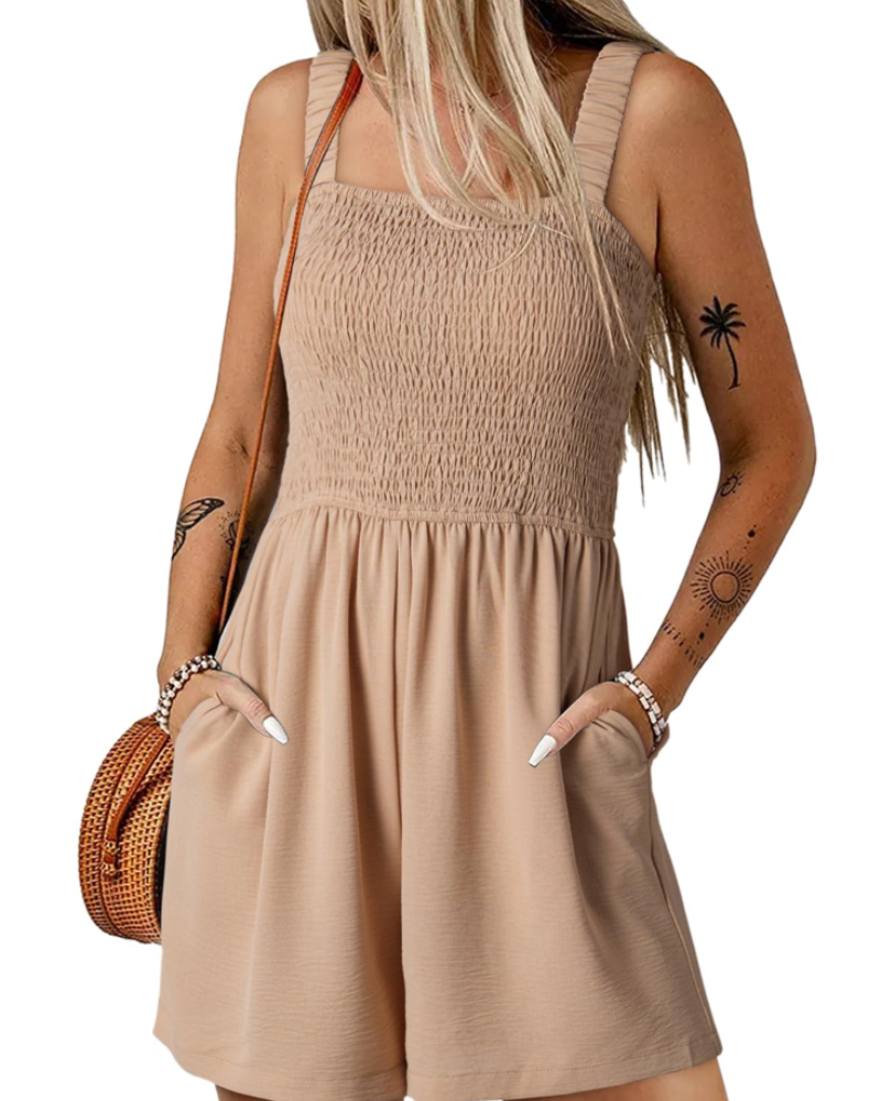 Savannah Combishort Femme Été – Smockée Col Carré avec Poches