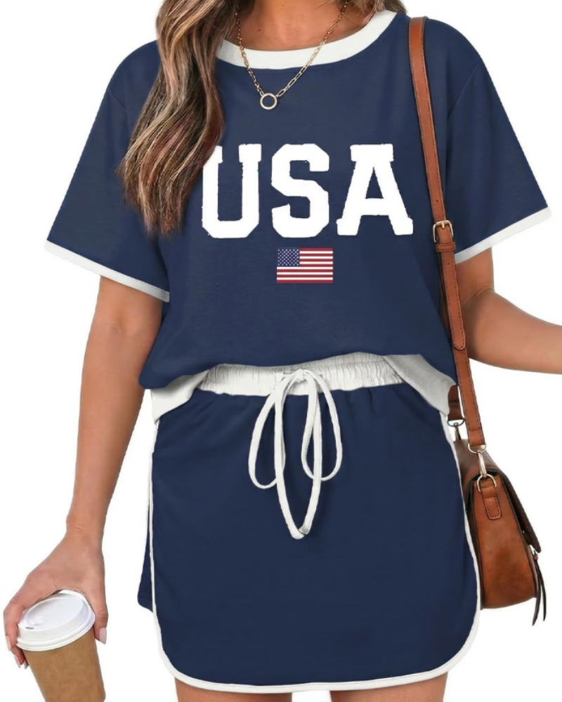 Isla Ensemble Femme Été – T-Shirt Color Block & Jupe-Short Taille Haute