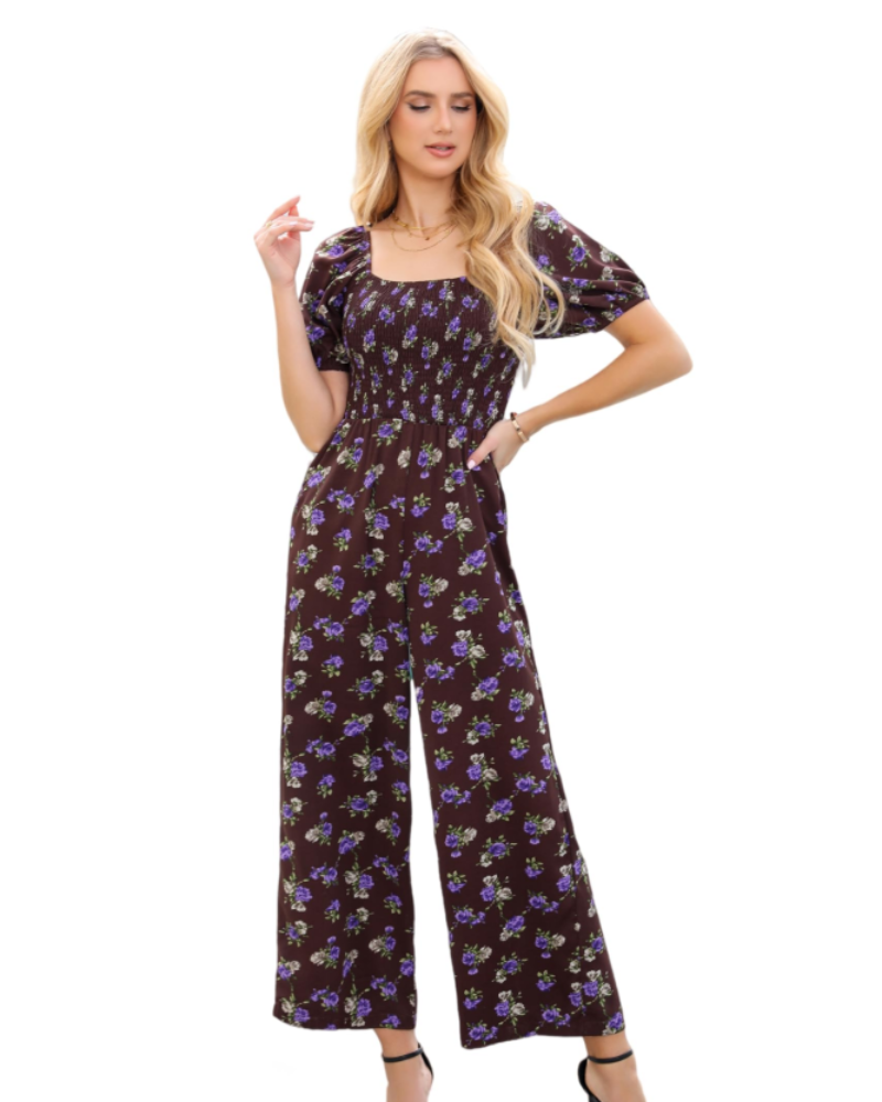 Salopetă de vară pentru femei Jasmine – cu imprimeu floral, cu smocuri și pantaloni largi