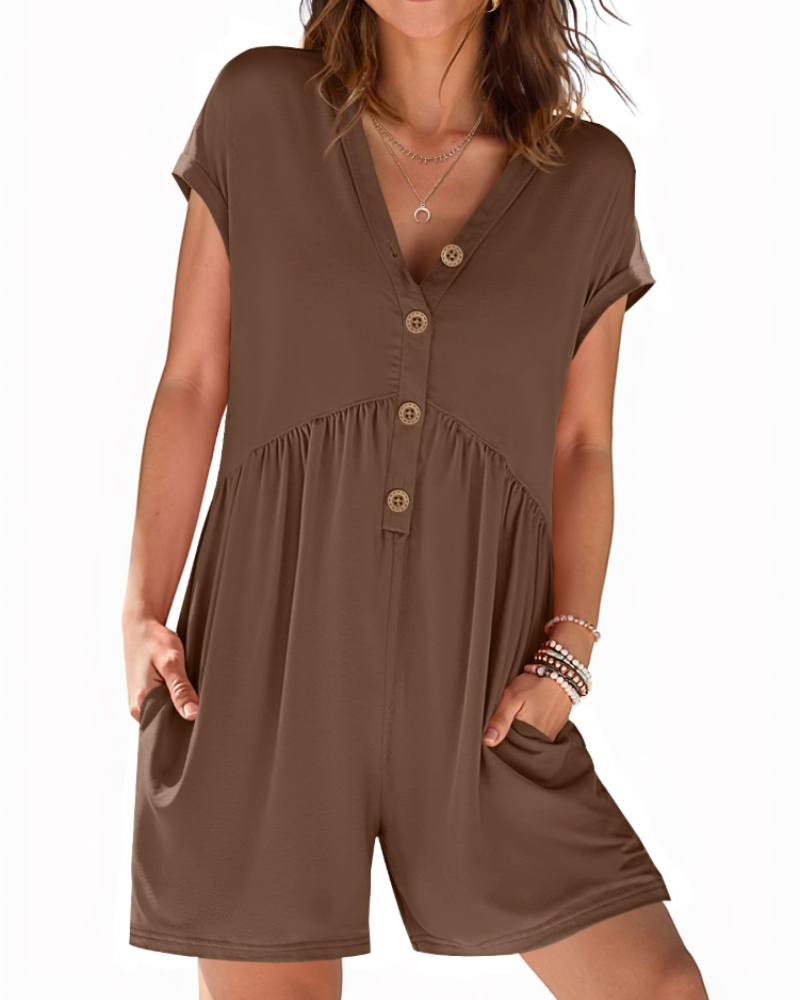 Mono corto Audrey para mujer verano – Cuello en V con botones y cintura elástica con bolsillos