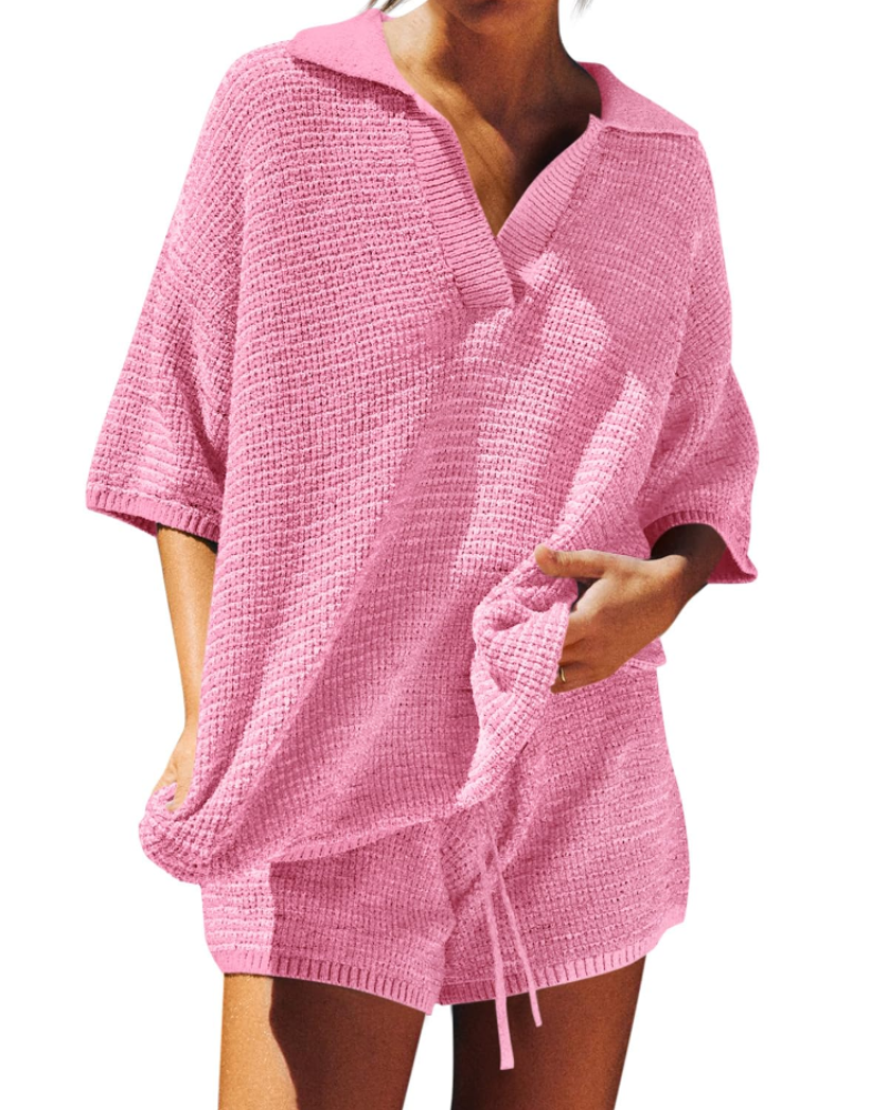 Chloe Women's Lounge Set – Oversized V-Neck Sweater & High-Waisted Shorts