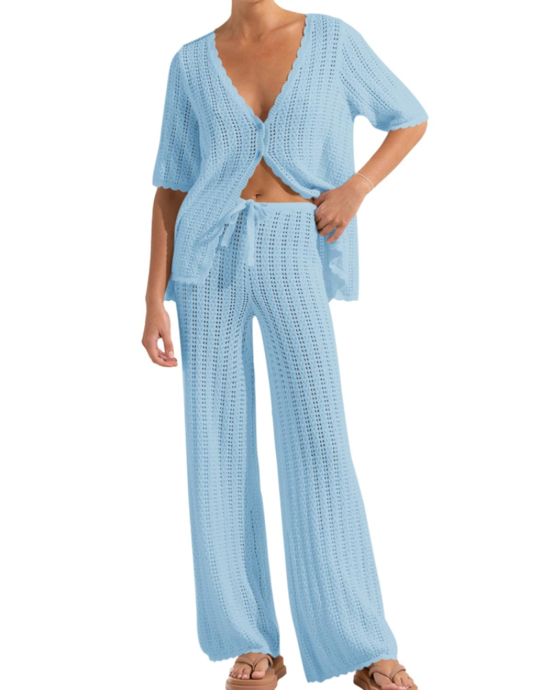Conjunto de Praia Sally para Mulher – Kimono de Croché e Calças Largas Leves