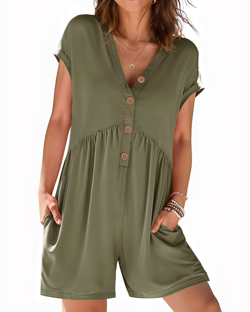 Mono corto Audrey para mujer verano – Cuello en V con botones y cintura elástica con bolsillos