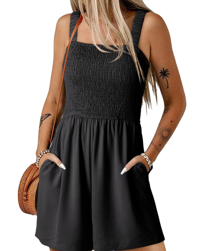 Savannah Combishort Femme Été – Smockée Col Carré avec Poches