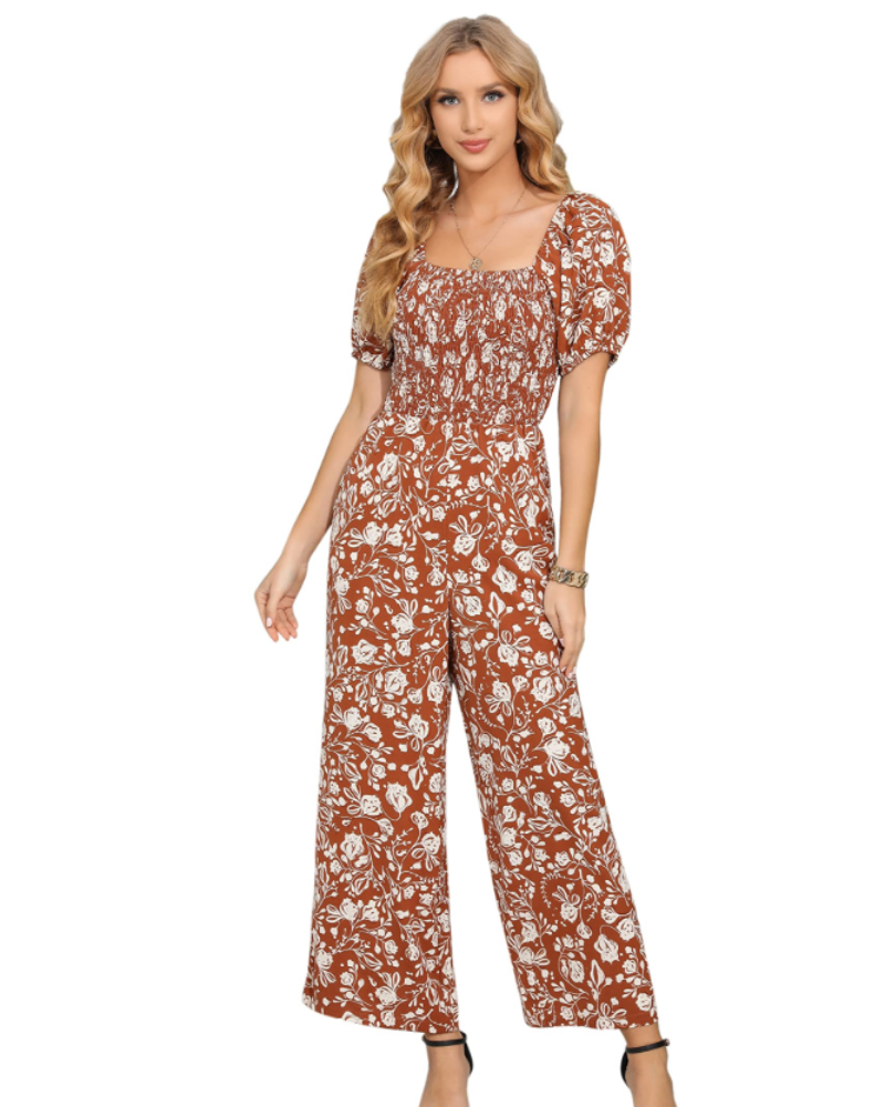 Salopetă de vară pentru femei Jasmine – cu imprimeu floral, cu smocuri și pantaloni largi