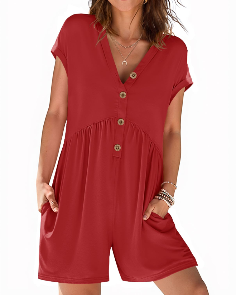 Mono corto Audrey para mujer verano – Cuello en V con botones y cintura elástica con bolsillos