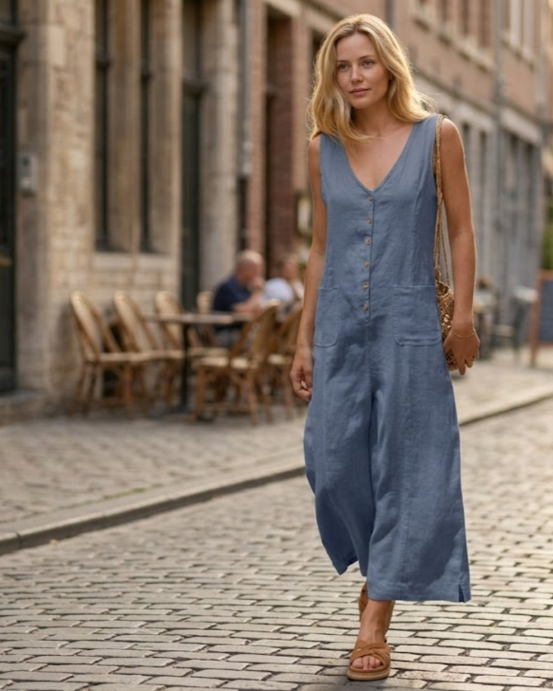 Grace Damen-Sommer-Overall – Leinen-Baumwolle, V-Ausschnitt, Knopfleiste mit Taschen
