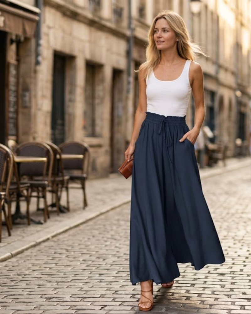 Sara Pantalón Palazzo Mujer – Pantalón Ancho de Cintura Alta con Bolsillos y Cordón