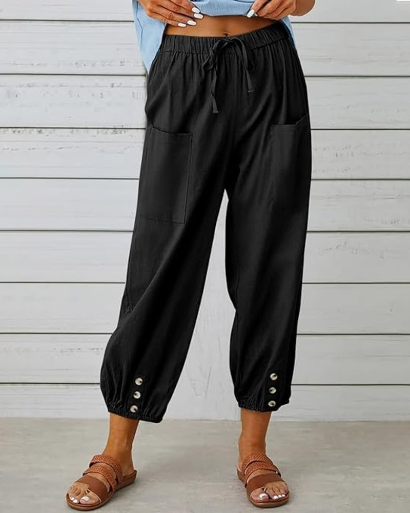 Abigail Pantalon Capri Dámské – Kalhoty 3/4 100 % Bavlna Vysoký Pas s Kapsami
