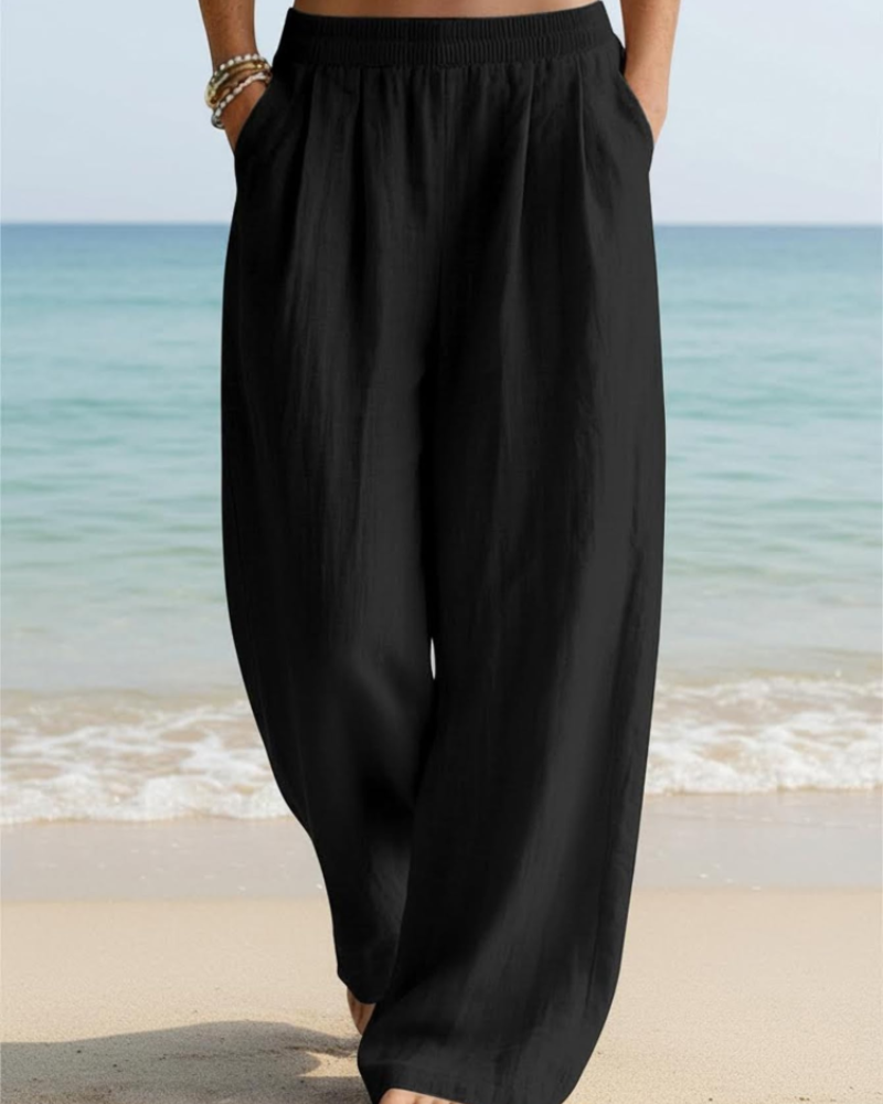 Audrey Palazzo-Hose für Damen – Weite Hose aus Baumwolle & Leinen mit hoher Taille und Taschen