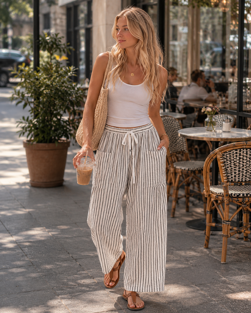 Tina Παντελόνι Γυναικείο – Palazzo Λινό Φαρδύ Oversize Μέση με Κορδόνι & Τσέπες