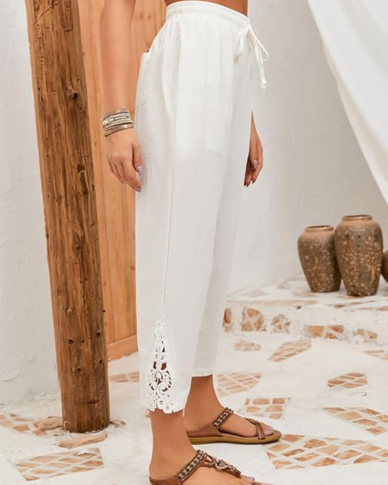 Dámské capri kalhoty Alicia – 100% bavlněné pantacourty s šňůrkou a kapsami