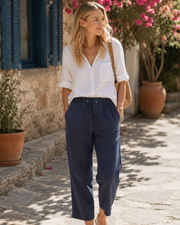 Vinia Pantalón Mujer Capri Lino – Corte Amplio, Cintura Elástica, Verano Ligero y Chic