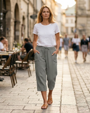 Claire Pantalone Capri Donna in Lino – Pantalone 3/4 Largo con Vita Elastica e Tasche