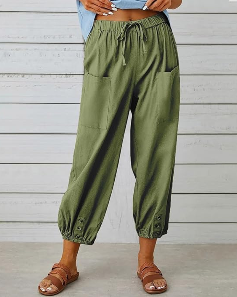 Abigail Pantalon Capri Dámské – Kalhoty 3/4 100 % Bavlna Vysoký Pas s Kapsami