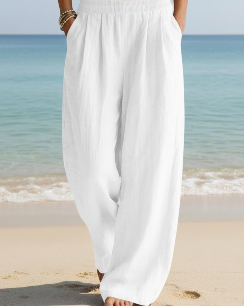Audrey Palazzo-Hose für Damen – Weite Hose aus Baumwolle & Leinen mit hoher Taille und Taschen