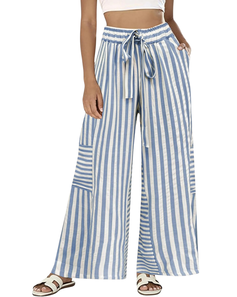 Fina Damenhose – Palazzo gestreift weit, elastischer Bund, Kordelzug & Taschen