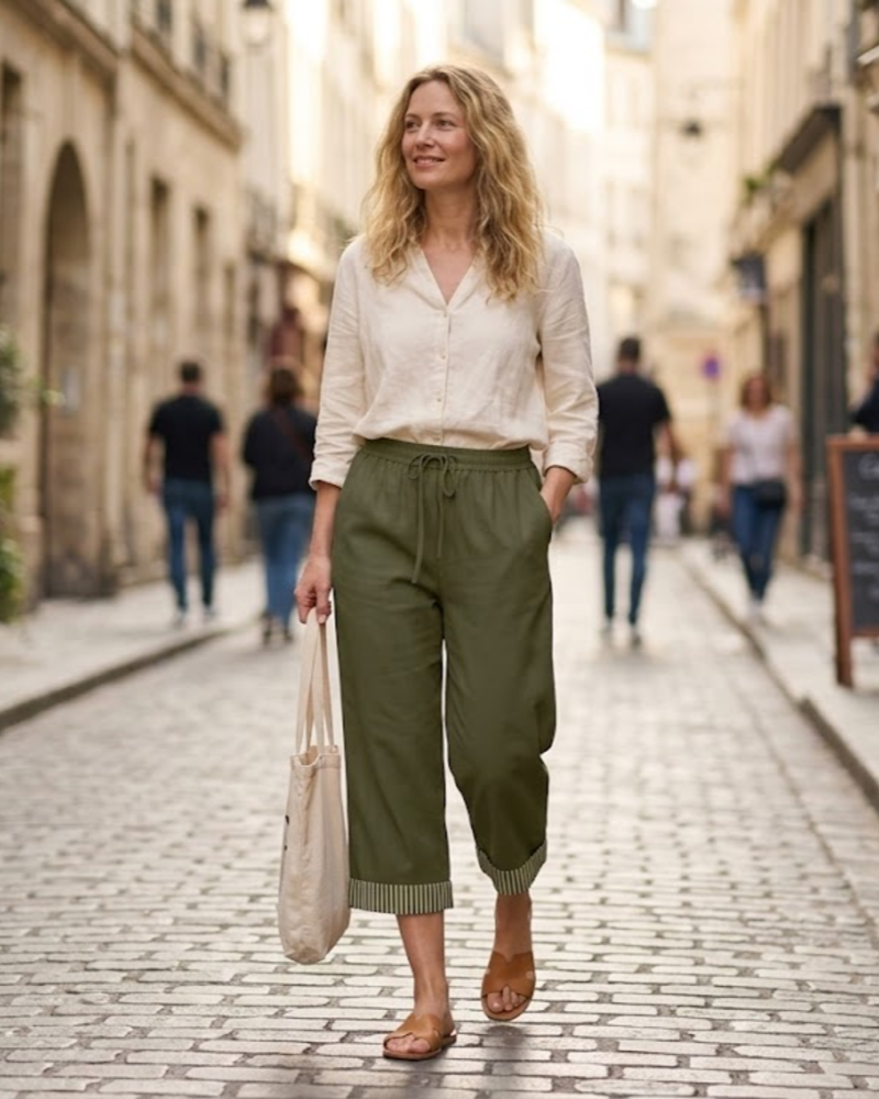 Clara Pantalon Capri Femme en Lin – Pantalon 3/4 Taille Élastique avec Poches