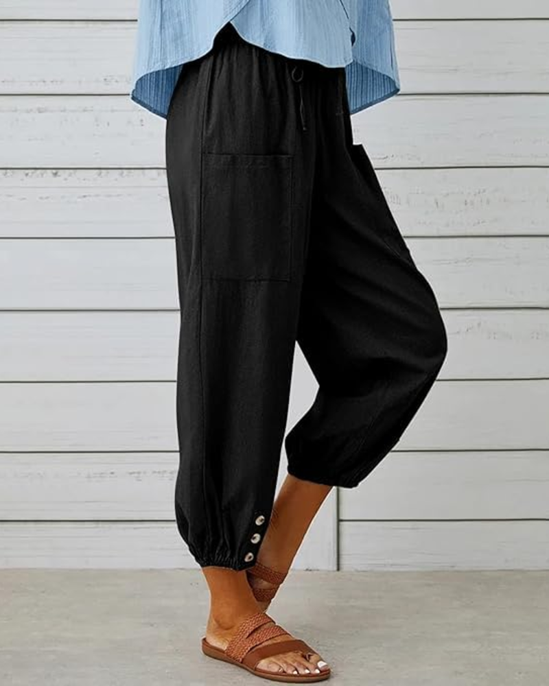 Abigail Pantalon Capri Dámské – Kalhoty 3/4 100 % Bavlna Vysoký Pas s Kapsami