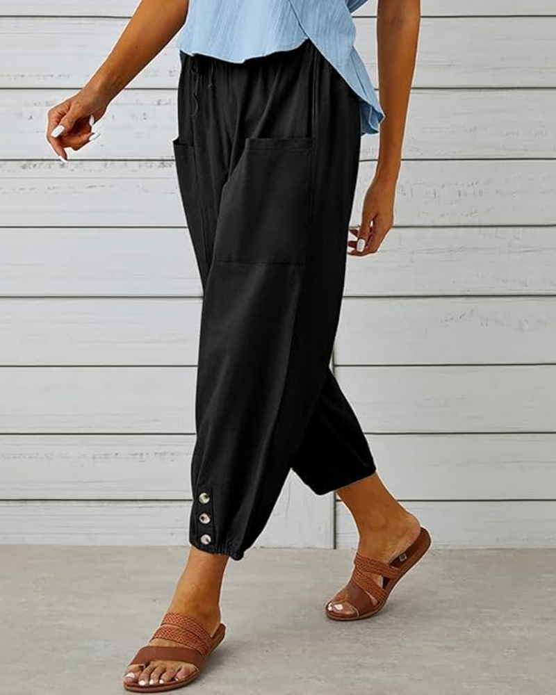 Abigail Pantalon Capri Dámské – Kalhoty 3/4 100 % Bavlna Vysoký Pas s Kapsami