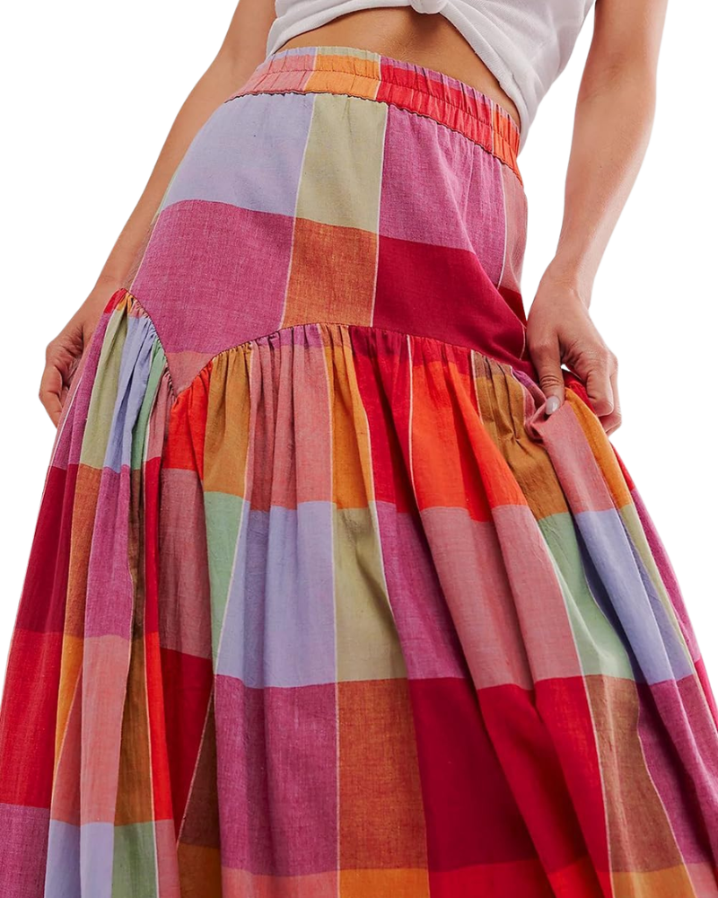 Nayla Falda Maxi Mujer – Falda de Cuadros Multicolor Cintura Alta Fruncida