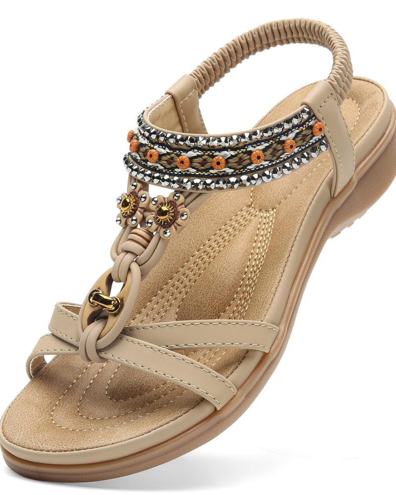 Chloe Boheme Sandaler til Kvinder – Strand-sandaler med T-rem og Swarovski-sten med Bueunderstøttelse