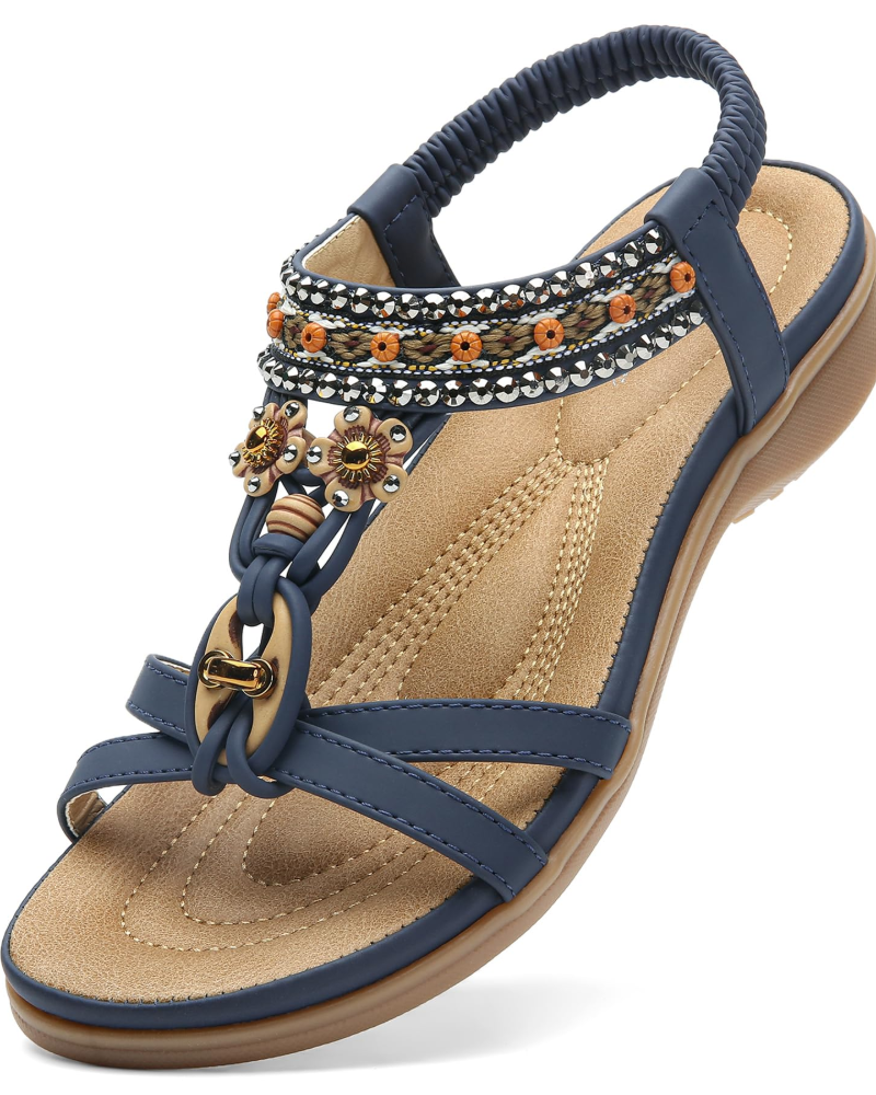 Chloe Boheme Sandaler til Kvinder – Strand-sandaler med T-rem og Swarovski-sten med Bueunderstøttelse