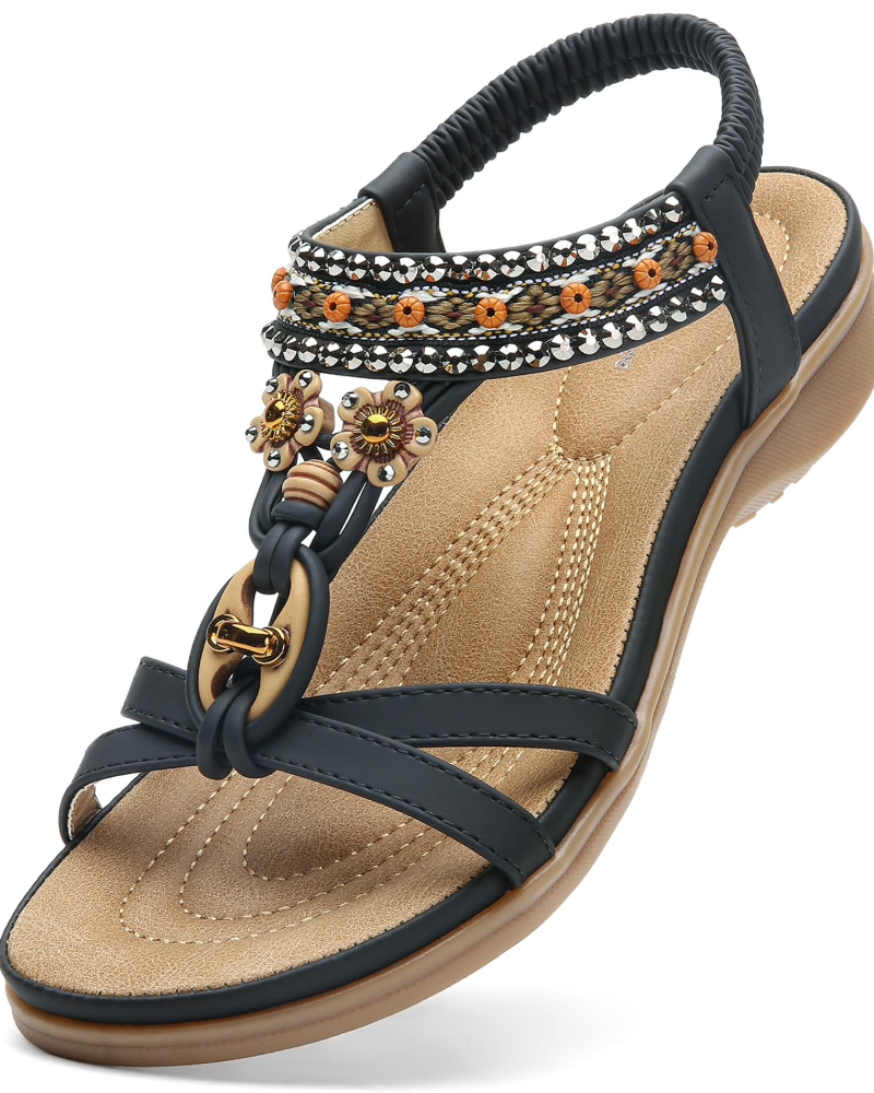 Chloe Boheme Sandaler til Kvinder – Strand-sandaler med T-rem og Swarovski-sten med Bueunderstøttelse