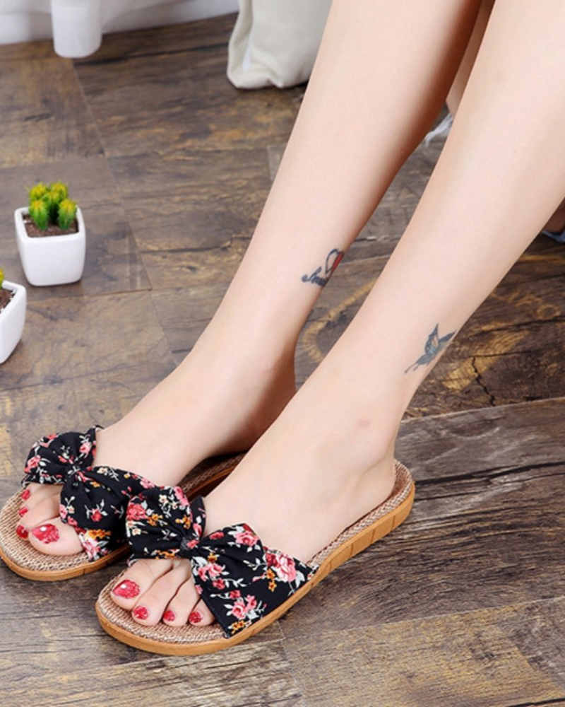 Bella sandalias planas para mujer en lino – Mules de verano transpirables con lazo