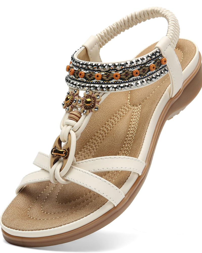 Chloe Boheme Sandaler til Kvinder – Strand-sandaler med T-rem og Swarovski-sten med Bueunderstøttelse