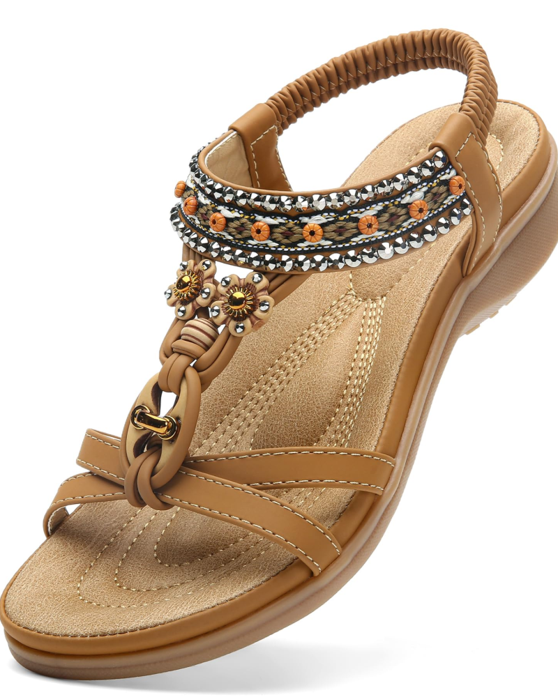 Chloe Boheme Sandaler til Kvinder – Strand-sandaler med T-rem og Swarovski-sten med Bueunderstøttelse
