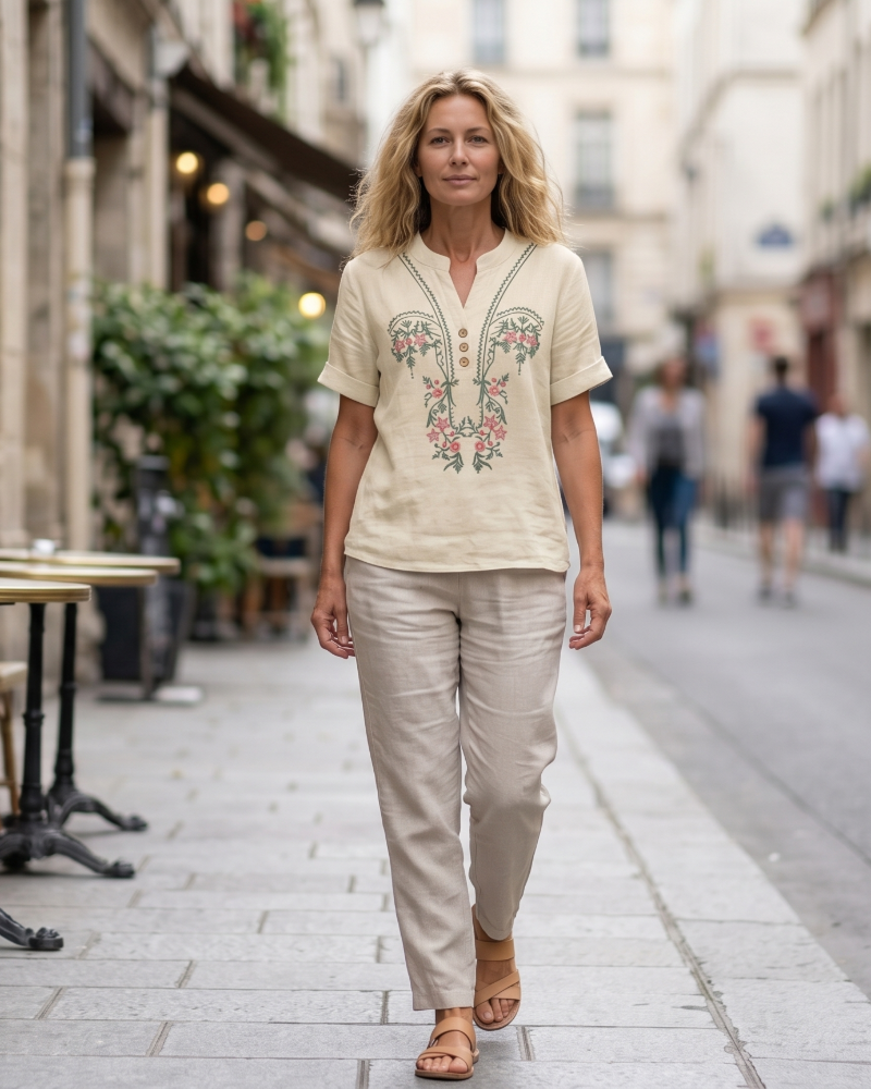 Dallie Damenbluse Sommer – Leinen mit floraler Stickerei, V-Ausschnitt, Knopfleiste