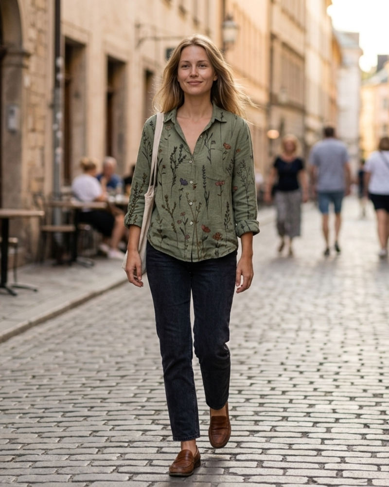 Amelia női blúz lenvászonból – virágmintás, V-nyakú, hosszú ujjú