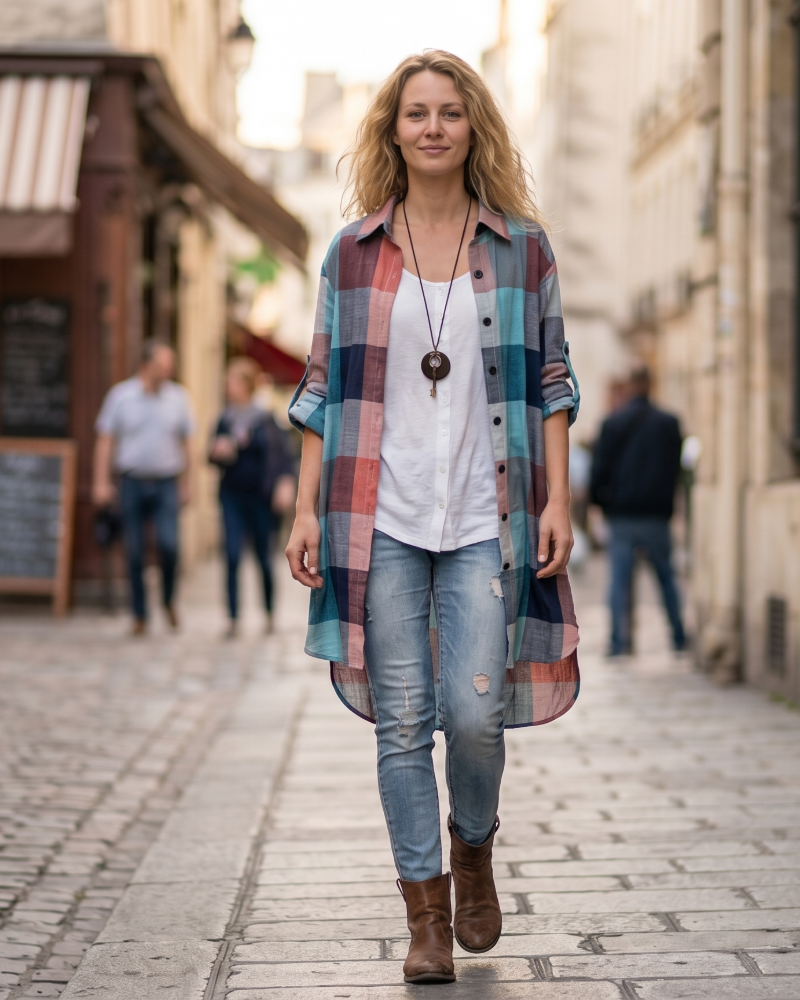 Charlotte Chemise Femme Lin – Carreaux Oversize Manches Longues