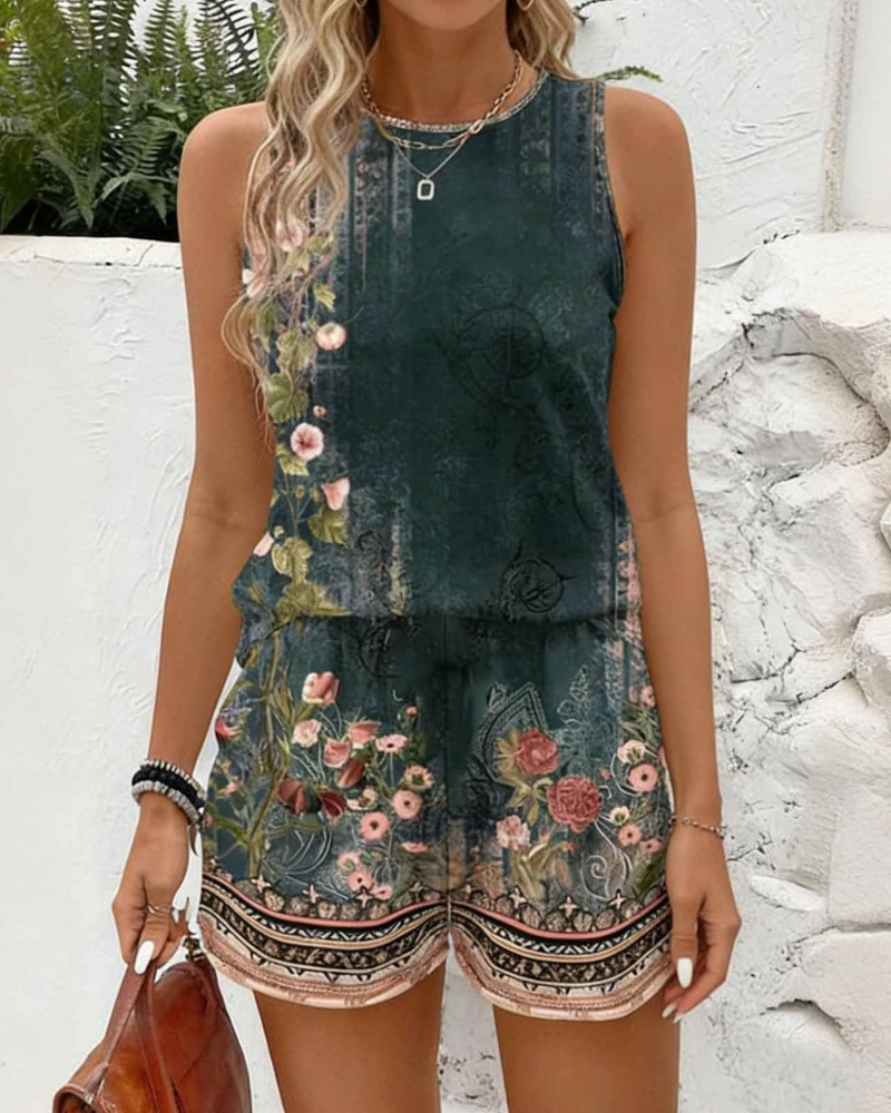Delilah Ensemble Femme 2 Pièces – Débardeur Fleuri Rétro & Short d'Été