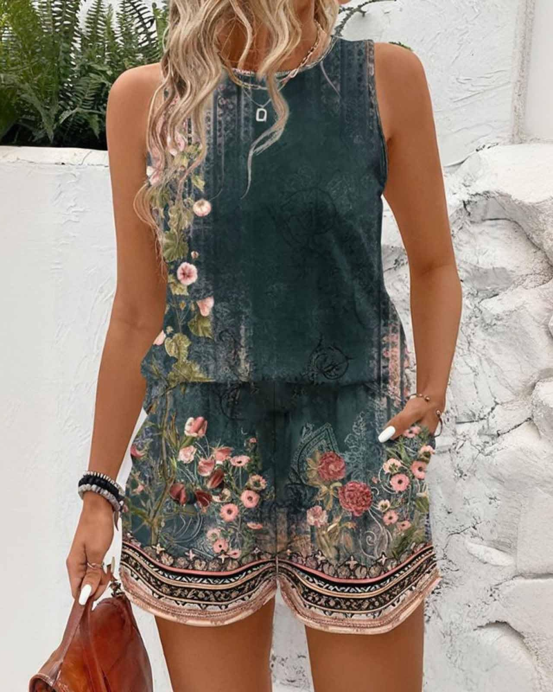Delilah Ensemble Femme 2 Pièces – Débardeur Fleuri Rétro & Short d'Été