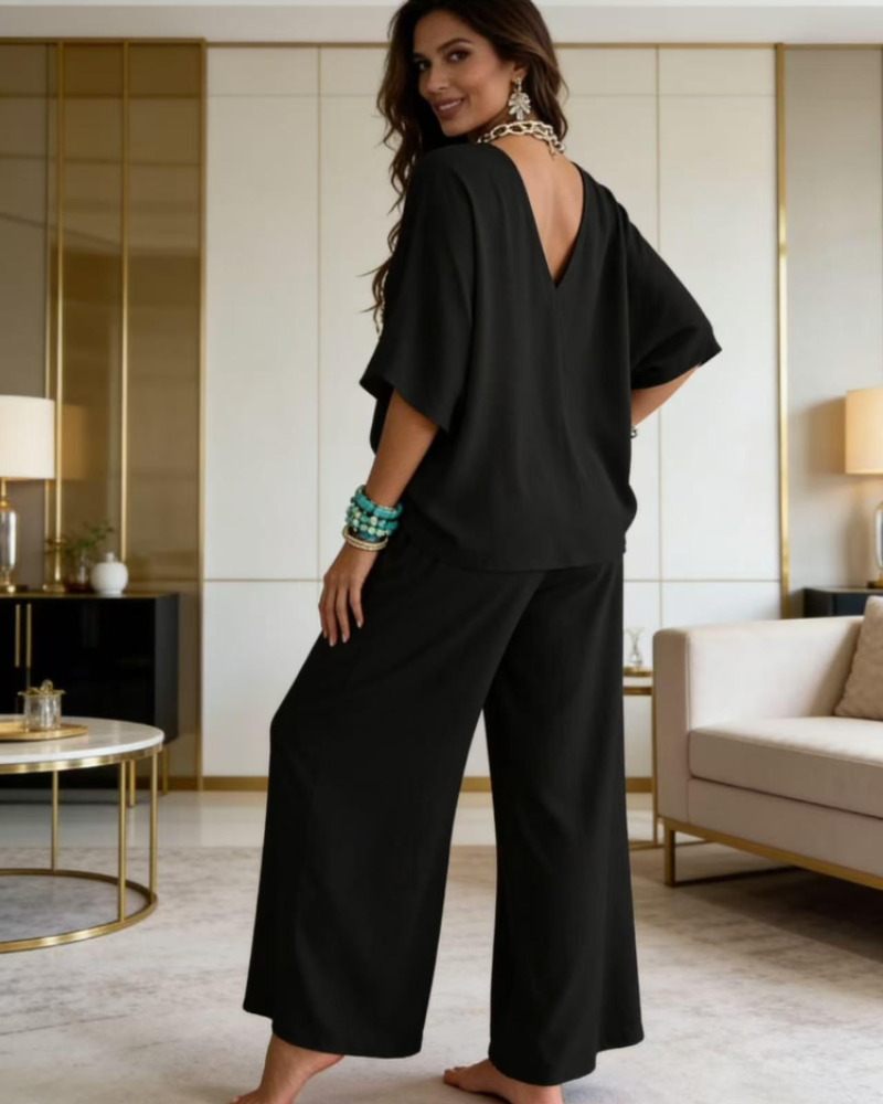 Giada Damen Ensemble 2-teilig – Oberteil mit V-Ausschnitt und Puffärmeln & weiter Hose