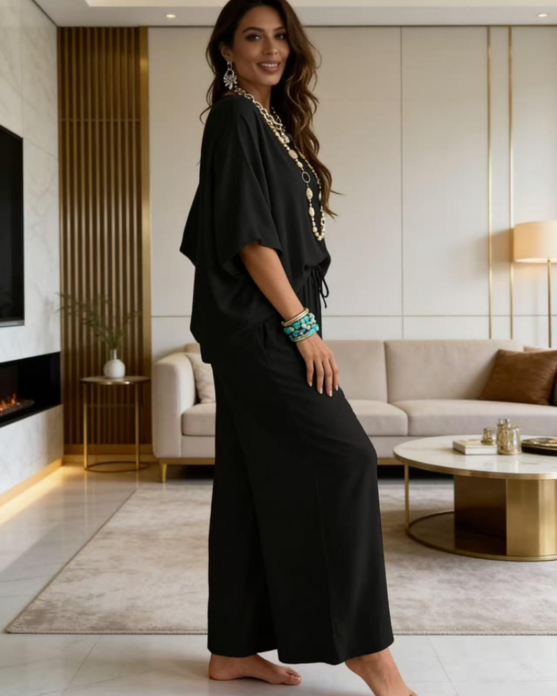 Giada Damen Ensemble 2-teilig – Oberteil mit V-Ausschnitt und Puffärmeln & weiter Hose